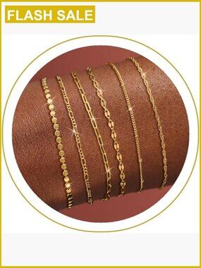 Adjustable Gold Plated Chain Bracelet Set, Non Tarnish, 6.5 Inches